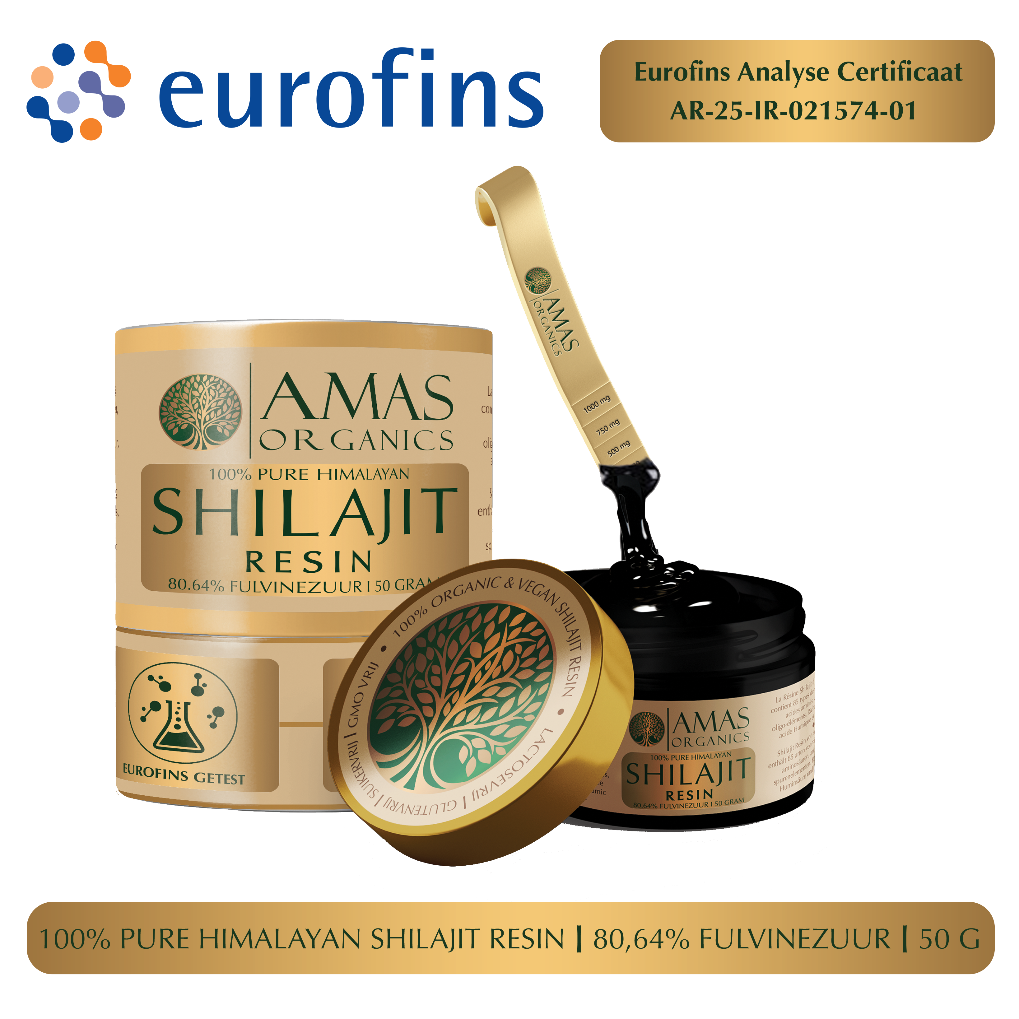 AMAS ORGANICS | 100% PURE HIMALAYAN SHILAJIT RESIN | 80,64 FULVINEZUUR | 50 G