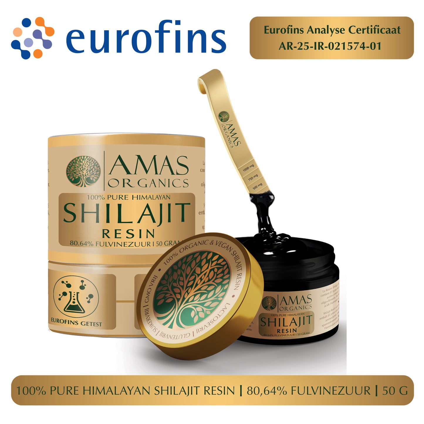 AMAS ORGANICS | 100% PURE HIMALAYAN SHILAJIT RESIN | 80,64 FULVINEZUUR | 50 G