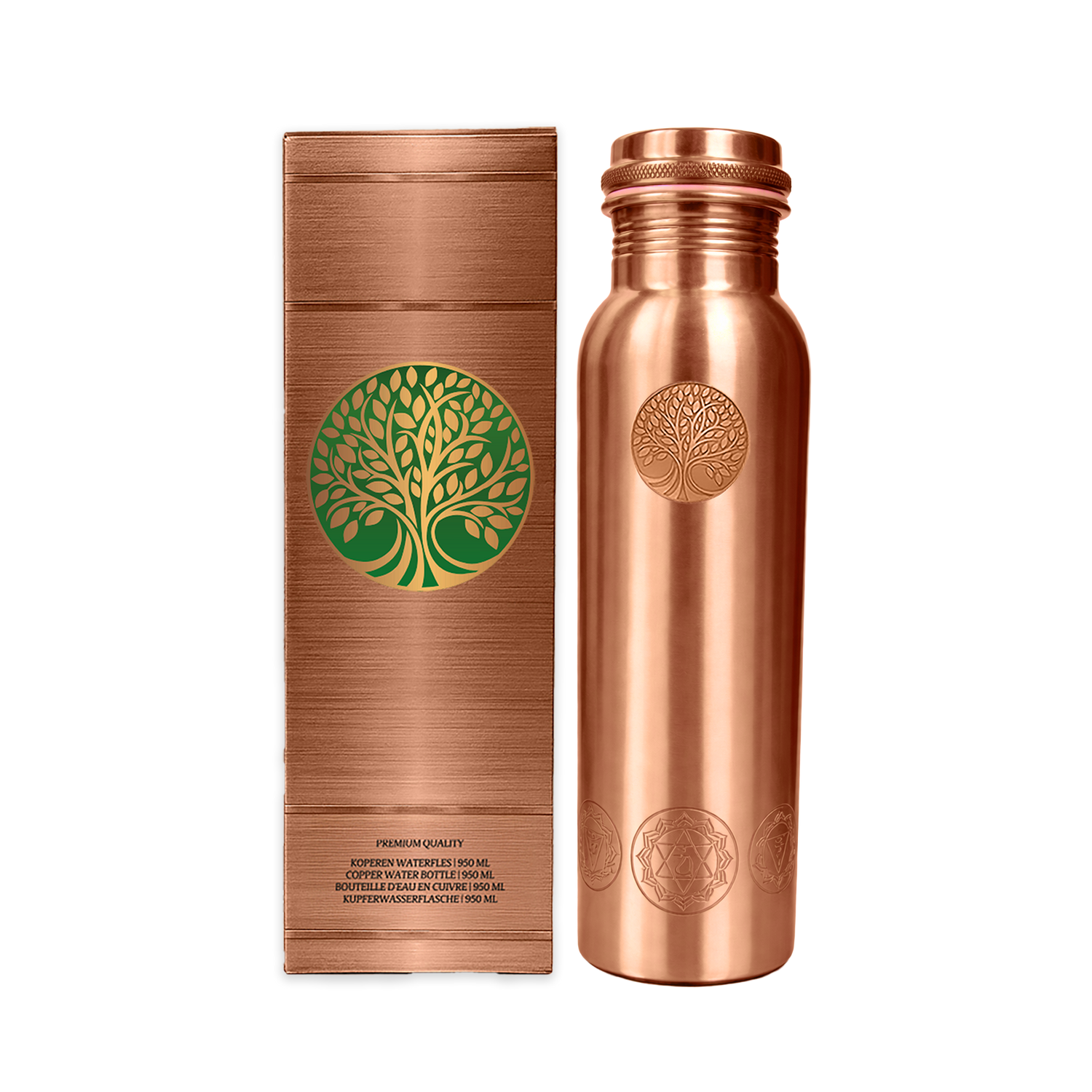 AMAS ORGANICS | 100% PUUR KOPEREN WATERFLES CHAKRA | PREMIUM QUALITY | HANDGEMAAKT EN UNIEK | 950 ML | 350 G