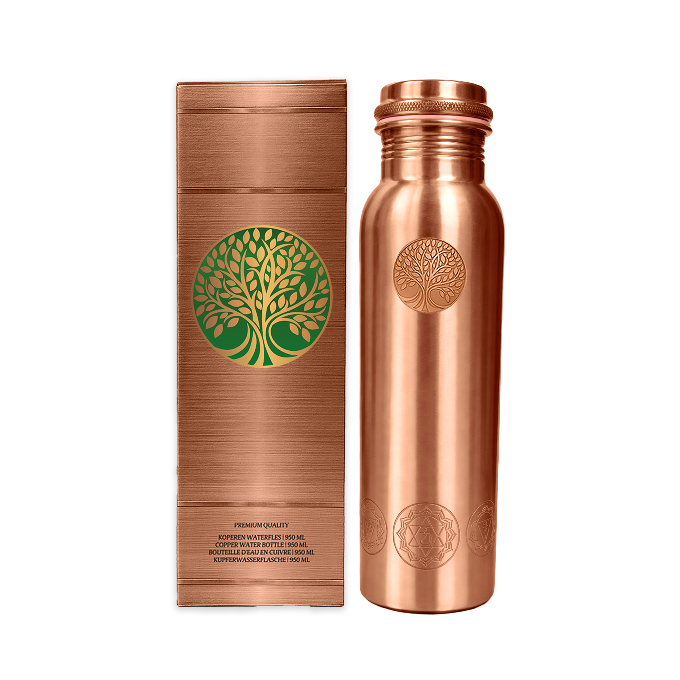 AMAS ORGANICS | 100% PUUR KOPEREN WATERFLES CHAKRA | PREMIUM QUALITY | HANDGEMAAKT EN UNIEK | 950 ML | 350 G