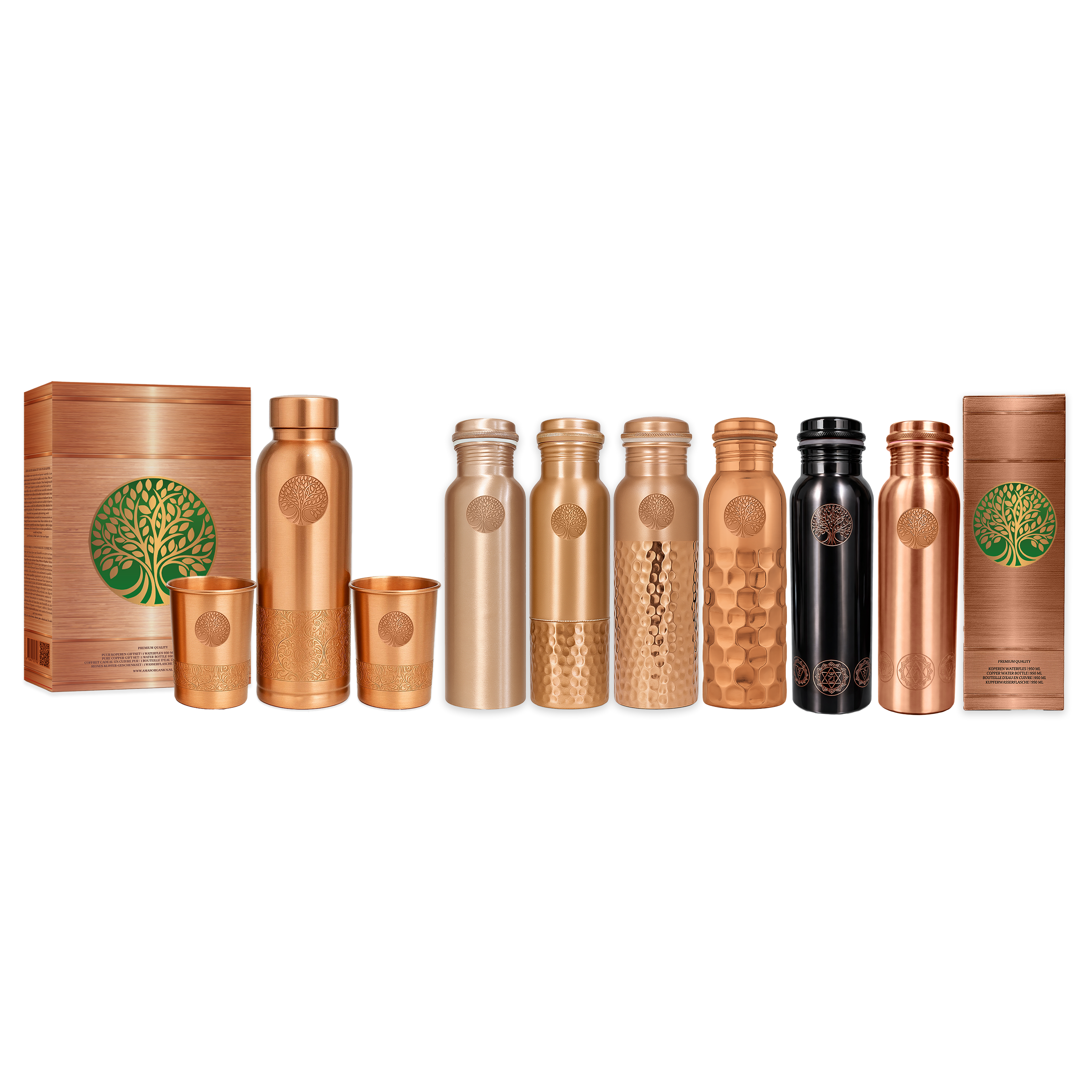 AMAS ORGANICS | 100% PUUR KOPEREN WATERFLES SEQUENCE | PREMIUM QUALITY | HANDGEMAAKT EN UNIEK | 950 ML | 350 G