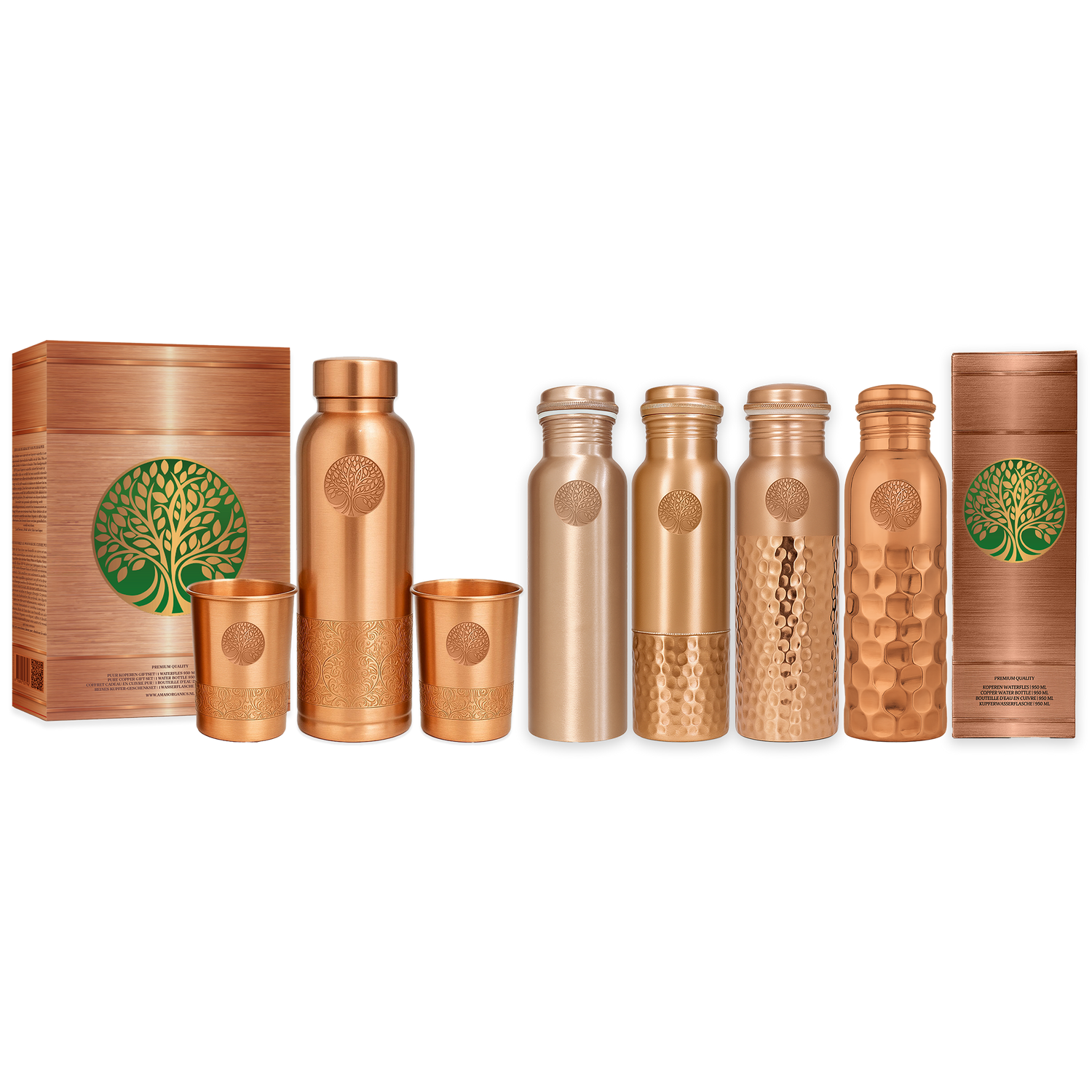 AMAS ORGANICS | 100% PUUR KOPEREN GIFTSET | WATERFLES 950 ML + 2 BEKERS 250 ML | PREMIUM QUALITY | HANDGEMAAKT EN UNIEK | CADEAUTIP