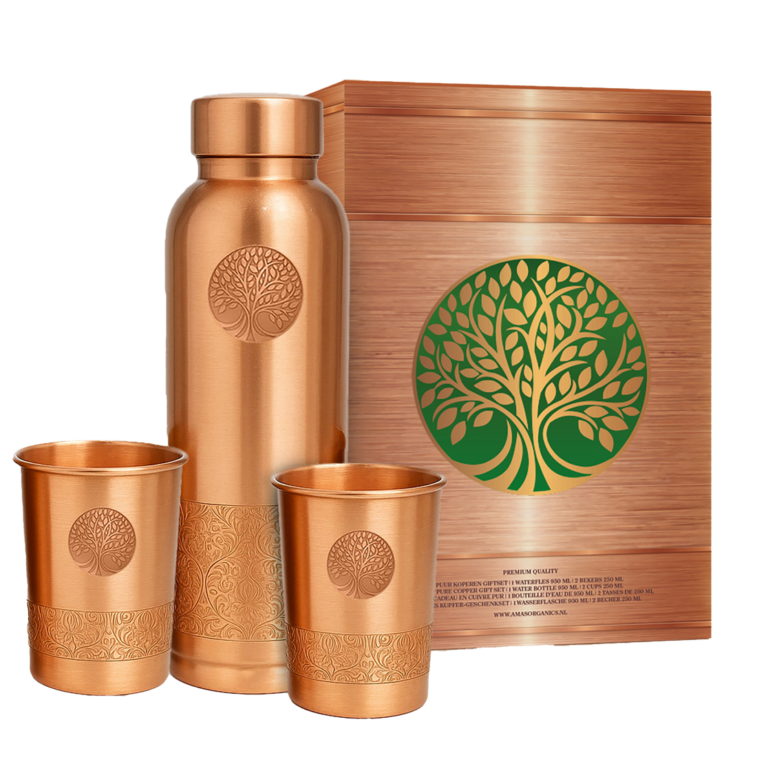 AMAS ORGANICS | 100% PUUR KOPEREN GIFTSET | WATERFLES 950 ML + 2 BEKERS 250 ML | PREMIUM QUALITY | HANDGEMAAKT EN UNIEK | CADEAUTIP