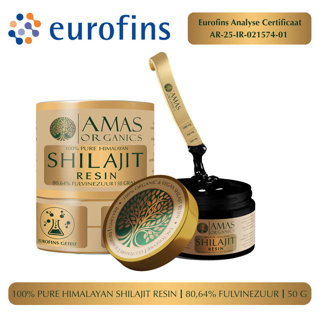 AMAS ORGANICS | 100% PURE HIMALAYAN SHILAJIT RESIN | 80,64 FULVINEZUUR | 50 G