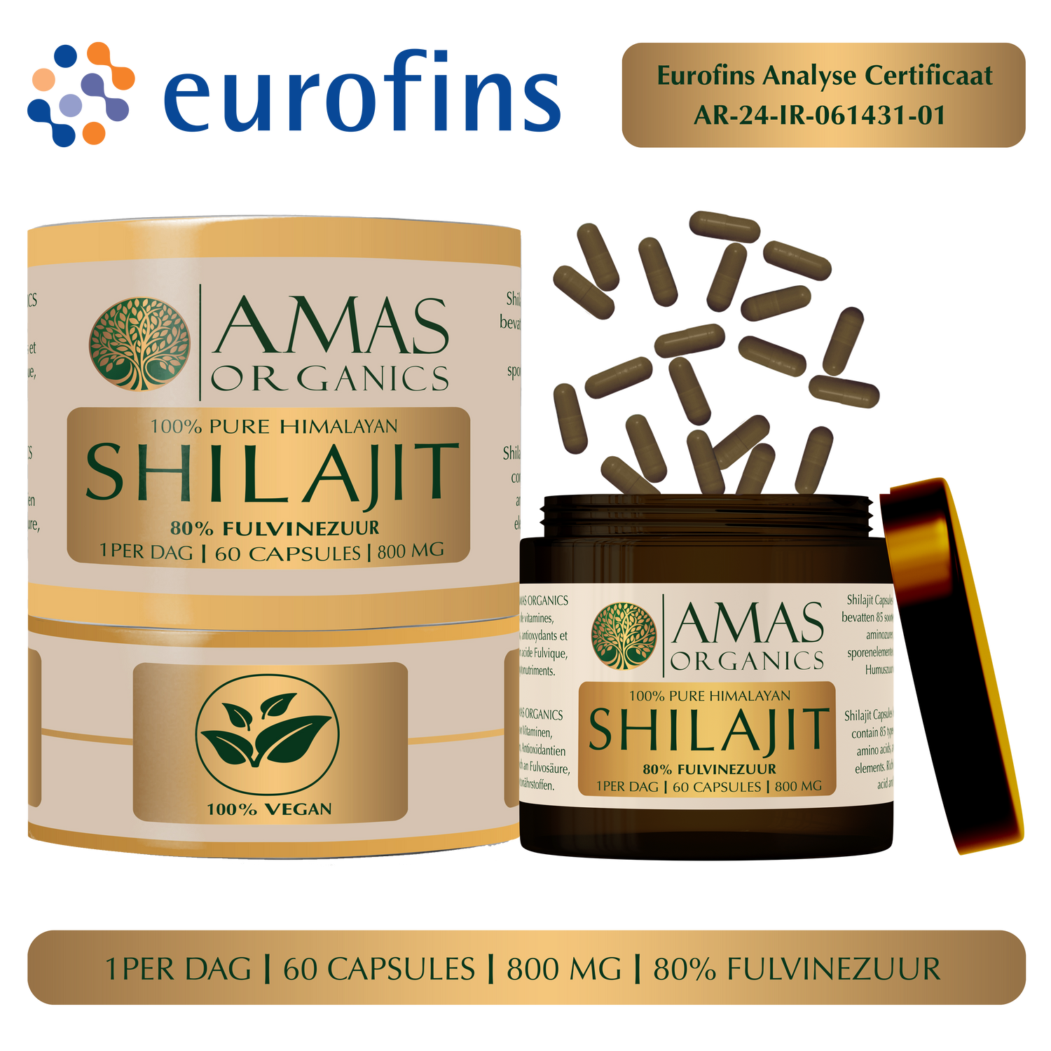 AMAS ORGANICS | 100% PURE HIMALAYAN SHILAJIT CAPSULES | 80% FULVINEZUUR | 800 MG | 60 CAPSULES
