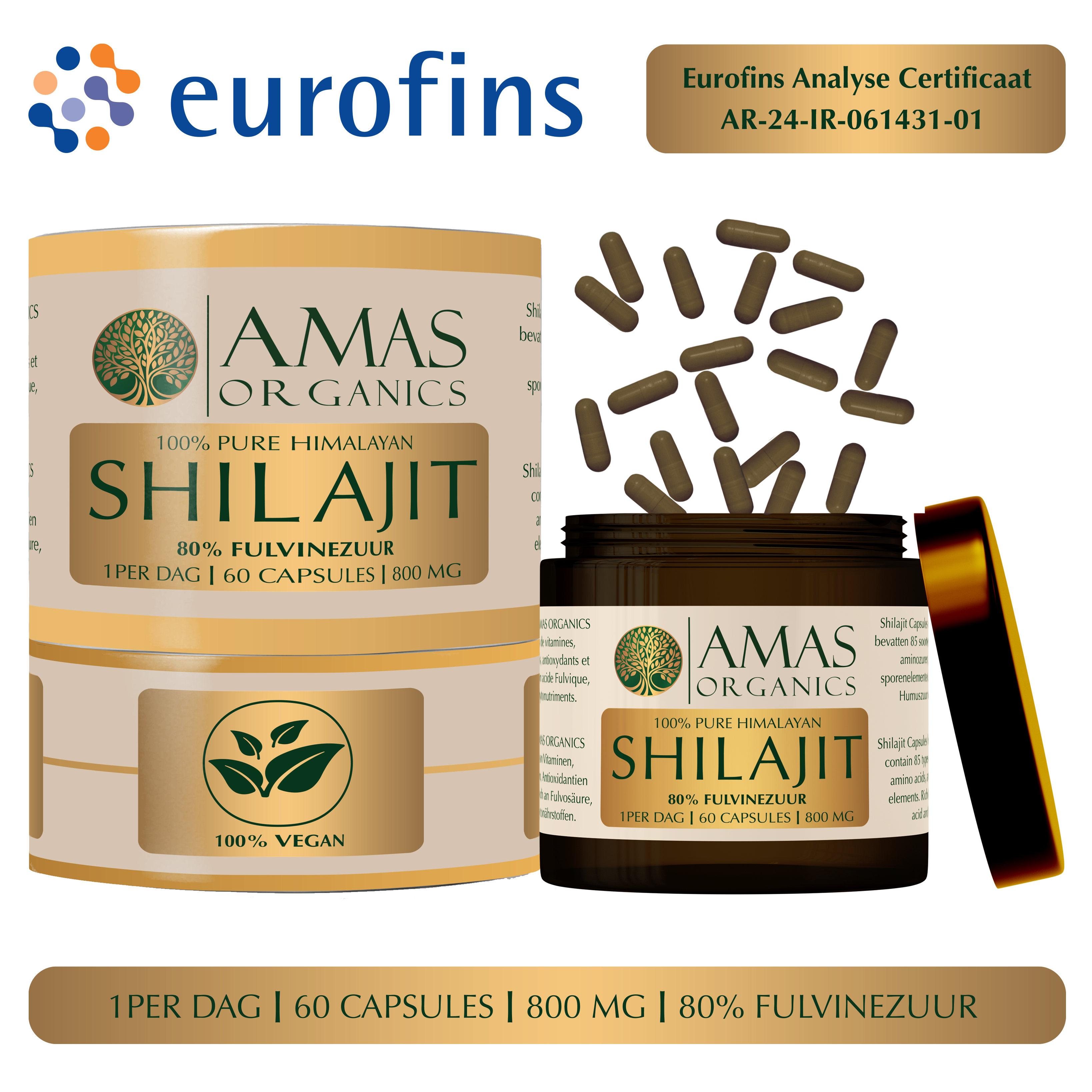 AMAS ORGANICS | 100% PURE HIMALAYAN SHILAJIT CAPSULES | 80% FULVINEZUUR | 800 MG | 60 CAPSULES