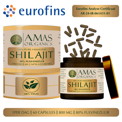 AMAS ORGANICS | 100% PURE HIMALAYAN SHILAJIT CAPSULES | 80% FULVINEZUUR | 800 MG | 60 CAPSULES